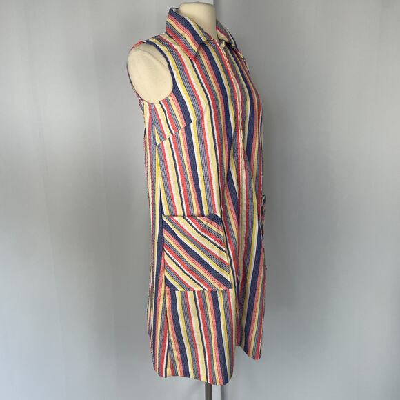 Vintage Smock Dress Size Large Red Blue Stripe Seersucker Zip Casual Retro 70s - Picture 6 of 16